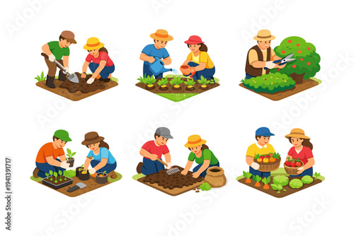 GardenActivities. Isometric flat vector icons set of GardenActivities: digging soil together, watering plants pair, pruning with guidance, transplanting