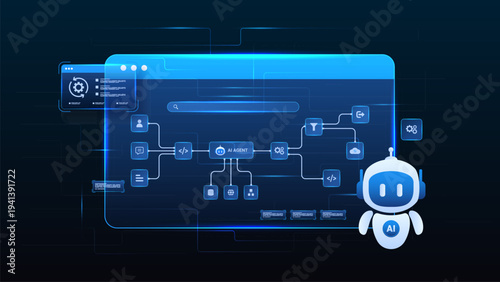 AI workflow automation artificial intelligence. ai agent workflow diagram dashboard machine learning with node input, process flow, data flow, cloud and automation flow.