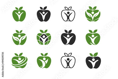 nutrition and wellness. Icon set. Set Logo of nutrition and wellness: apple symbol. harmonious logo variations of the same emblematic concept, each with
