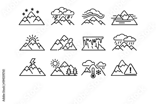 Mountain Weather. Line icon set of Mountain Weather: snowy mountains, storm clouds peaks, windy mountain, foggy ridge, sunny mountain peak, avalanche slope,