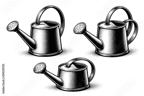 Watering Can ? realistic compact indoor watering can with balanced proportions. Black and white dot style with halftone texture and high contrast. Halftone