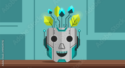 Futuristic robot head with glowing circuits and leaves on a wooden table in teal room