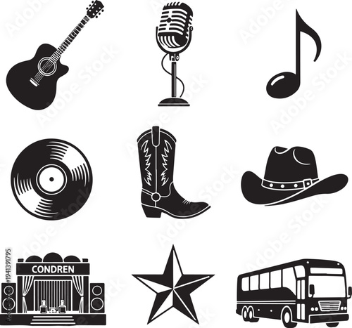 Country Music Icons Set with Guitar, Microphone, and Bus