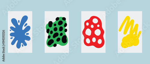 Vibrant abstract art with colorful splatters and spots on white rectangular panels