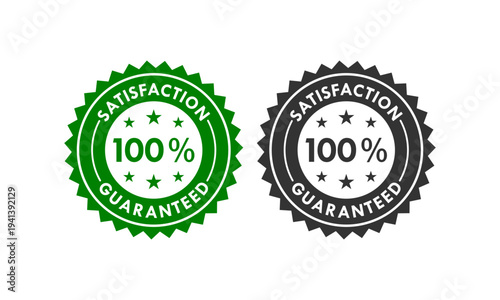 100 percent satisfaction guaranteed circular badge with stars. Quality assurance seal for premium service and customer trust. Blue and black vector stamp icons on white background.