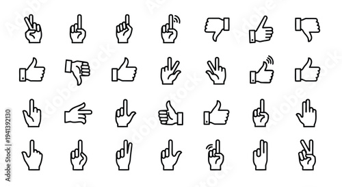 Collection of various hand gesture icons depicting different thumbs-up and thumbs-down variations