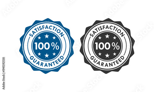 100 percent satisfaction guaranteed circular badge with stars. Quality assurance seal for premium service and customer trust. Blue and black vector stamp icons on white background.