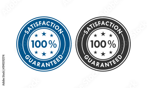 100 percent satisfaction guaranteed circular badge with stars. Quality assurance seal for premium service and customer trust. Blue and black vector stamp icons on white background.