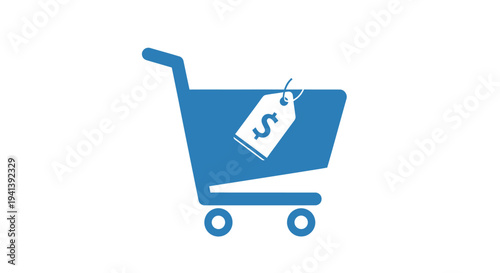 Blue Shopping Cart with Price Tag Icon.