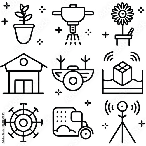 An array of vector icons depicting agricultural and environmental themes.