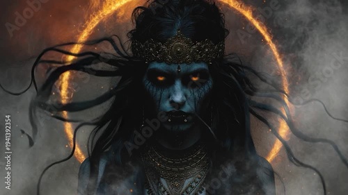 Dark Goddess With Glowing Eyes Standing Inside Fiery Eclipse Halo