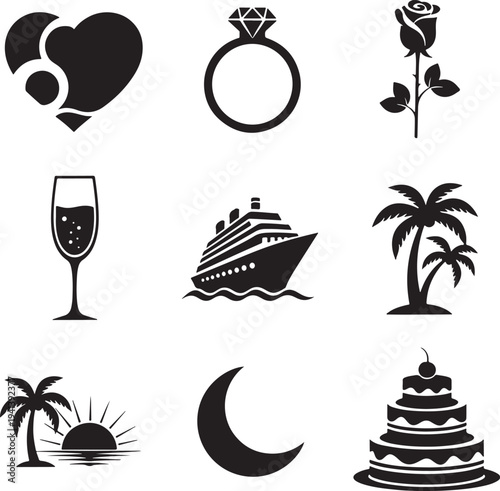 Black Silhouette Wedding and Honeymoon Icons Set
