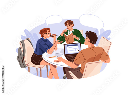 Group of students with empty speech bubbles study together. Friends discuss smth at the table. Team works on the project. Boys and girls talk, converse. Flat isolated vector illustration on white