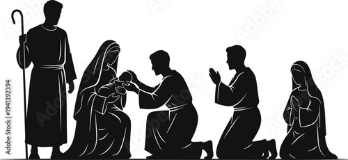 Black Silhouette Vector Illustration of the Holy Family and Wise Men Kneeling in Prayer for Christmas Nativity Scene Design Concept