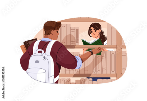 Students choose books for reading and learning on bookshelves and bookcases. Girl and boy take educational literature in the library. People hold textbooks. Flat isolated vector illustration on white