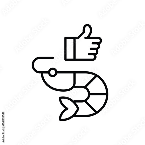 Fresh prawn and thumbs up. High quality seafood approval. Pixel perfect, editable stroke vector icon