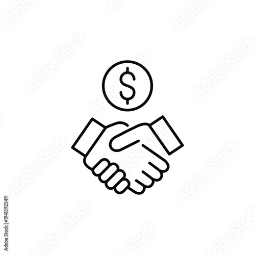 Handshake and dollar. Business agreement value, partnership payment or deal confirmation cost. Contract settlement, mutual profit. Pixel perfect, editable stroke vector icon