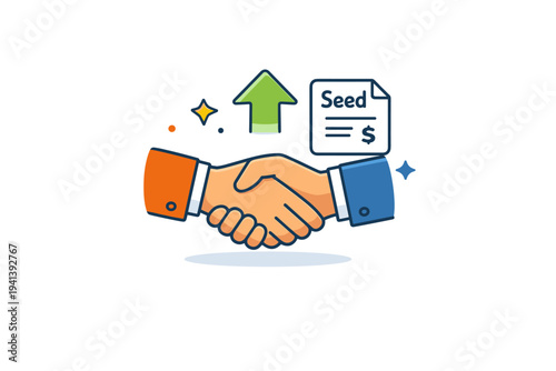 Startup funding and venture capital handshake between founder and investor framed by a small upward arrow and document icon labeled ?Seed?, expressing early