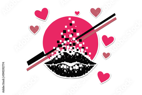 Black and white lips silhouette fragmented into pixel-like squares dissolving upward, large vibrant pink circle intersected by diagonal lines symbolizing