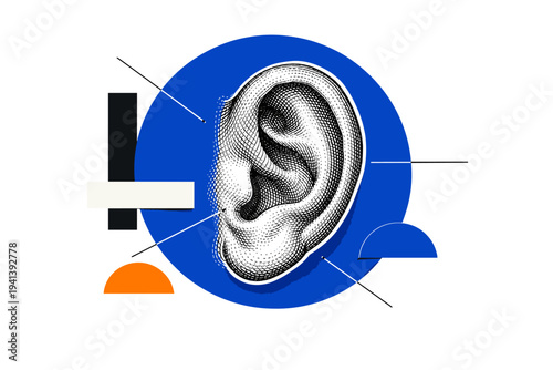 Detailed black and white vintage engraved human ear illustration in side view, bold cobalt blue circular backdrop intersected by thin geometric lines, abstract