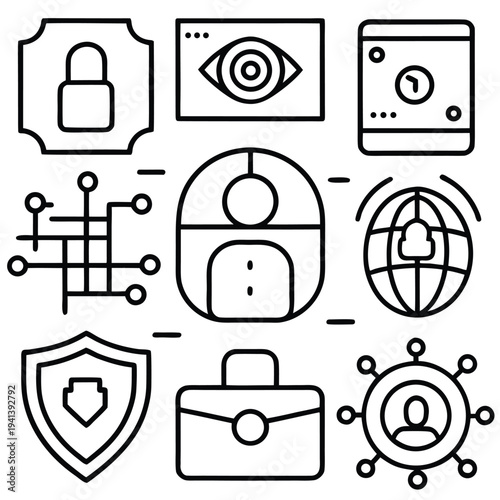 Cybersecurity icon set, perfect for illustrating the concept of internet protection and digital security. Including lock, eye, mobile phone, circuit, user profile, globe, shield, briefcase.
