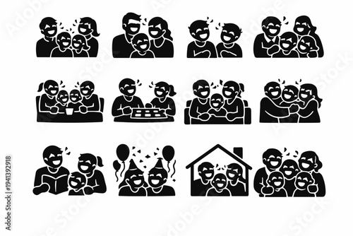 Family Laughing. Solid icon set of Family Laughing: family laughing together, parents and kids laughing, siblings laughing, grandparents laughing, family