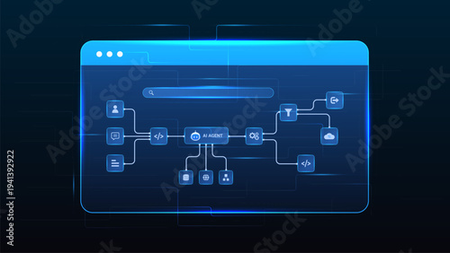 AI workflow automation artificial intelligence. ai agent network diagram dashboard machine learning with node input, processing flow, data, cloud and automation flow.