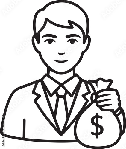 Businessman holding money bag with dollar sign icon representing wealth and financial gain