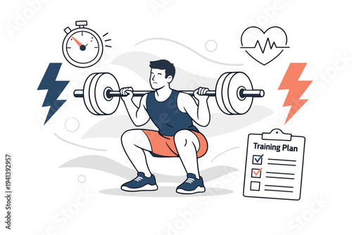 Strength and conditioning workout. Athlete lifting a barbell with balanced plates while abstract lightning shapes highlight power and endurance. Floating icons