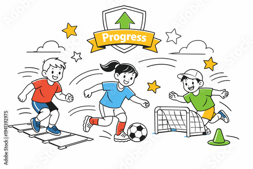 Youth sports and skill development. Young athletes practicing drills with agility ladders and small goals, smiles and motion lines expressing growth and