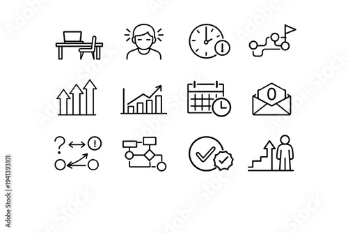 Work Productivity. Line icon set of Work Productivity: desk with laptop, focused person, task deadline clock, project roadmap, efficiency arrows, performance