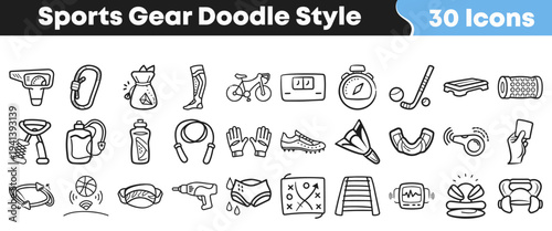 Dynamic collection of hand-drawn sports gear and equipment icons presented in a charming doodle style, ideal for illustrating fitness, athletic activities, and active lifestyle designs.