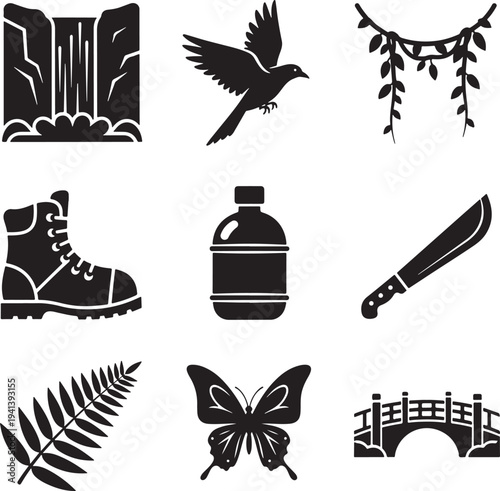Black Silhouette Icons Set with Nature and Adventure Elements