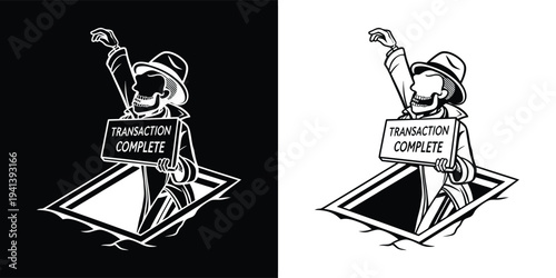 Stylized skeleton wearing a trench coat and fedora emerges from a trapdoor holding a sign declaring transaction complete in dual presentation.