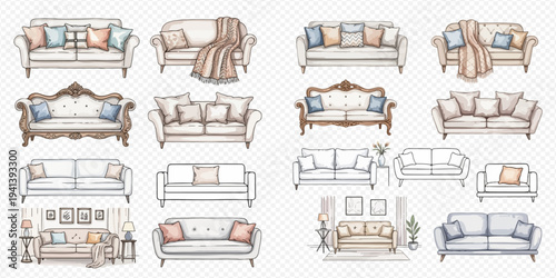 Collection of watercolor sofas and couches in various styles and colors, perfect for home decor and interior design concepts.