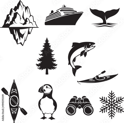 Black Silhouette Icons of Nature and Adventure Travel