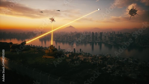 Laser Air Defense System Intercepting Drones Above Modern City at Sunset