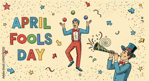 April fools' day illustration with juggling man and party horn player surrounded by colorful confetti and stars on beige background