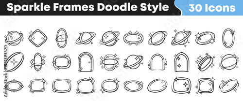 Thirty unique hand drawn doodle style icons featuring sparkle frames and celestial planet ring designs perfect for creative projects