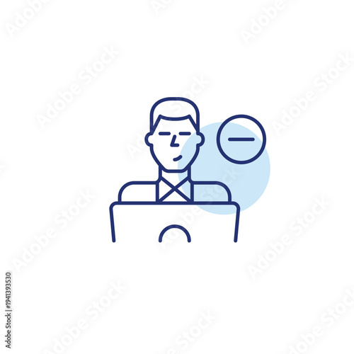 Man working at laptop and minus sign. Remove user or profile picture. Restrict access. Pixel perfect, editable stroke vector icon