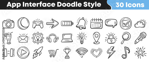 This creative collection of thirty hand-drawn app interface icons showcases diverse doodle style elements suitable for various digital user experience and mobile application design.