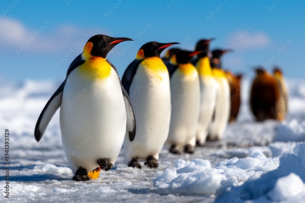 Fototapeta premium Emperor Penguins Walking in Colony on Frozen Antarctic Ice Shelf Under Blue Sky