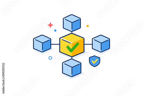 Blockchain digital blocks visualized through a single highlighted block connected to others in the background, symbolizing validation consensus and network