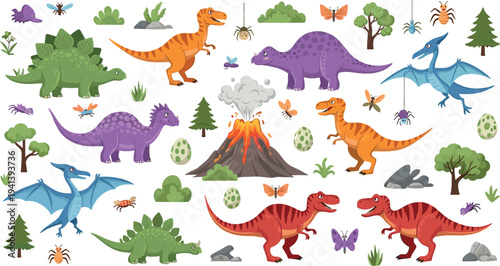 Cute dinosaur vector set with T rex, stegosaurus, triceratops, pterodactyl, volcano, eggs and prehistoric plants colorful cartoon illustration collection for kids