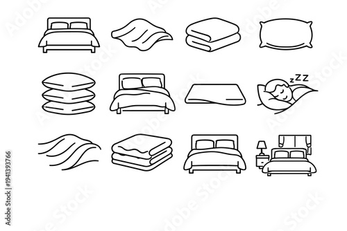 Soft Bed Comfort. Line icon set of Soft Bed Comfort: serene bed, soft blanket, folded blanket, fluffy pillow, stacked pillows, cozy bedding, smooth bedsheet,