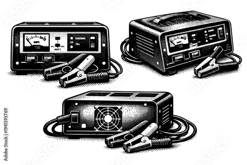 Car battery charger A rectangular automotive battery charger unit with front control panel and insulated cable clamps designed with accurate