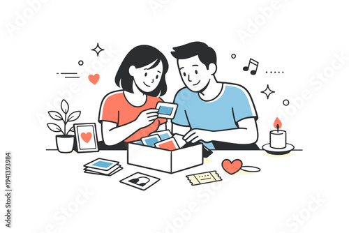 Romantic memories. A couple looking at photos or keepsakes together, expressing shared history and emotional depth. The scene feels nostalgic yet minimal, with