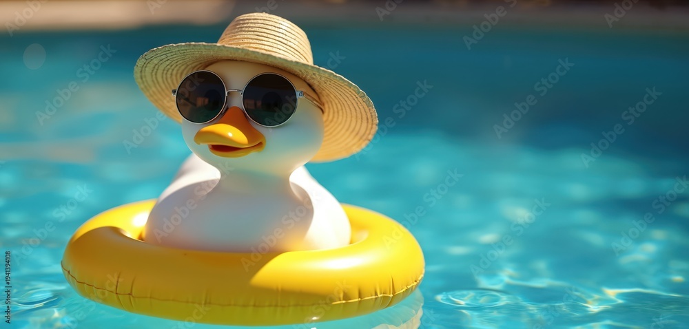Fototapeta premium Cute duck wearing sunglasses and straw hat floats on yellow ring in blue pool water. This funny animal bird enjoys summer vacation, swimming and relaxing. A playful, happy scene.