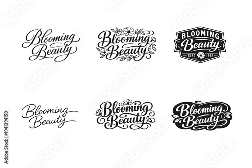 Blooming Beauty. Set lettering. harmonious lettering variations of the same emblematic concept, each with different artistic interpretation (Elegant script