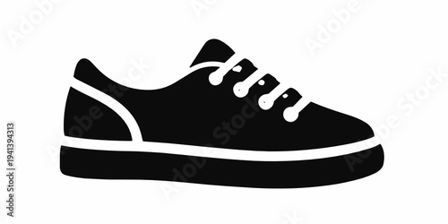 Clean black silhouette of a low top sneaker with laces and flat sole. Casual footwear icon for street fashion, youth lifestyle, everyday wear, retail branding and sport style.